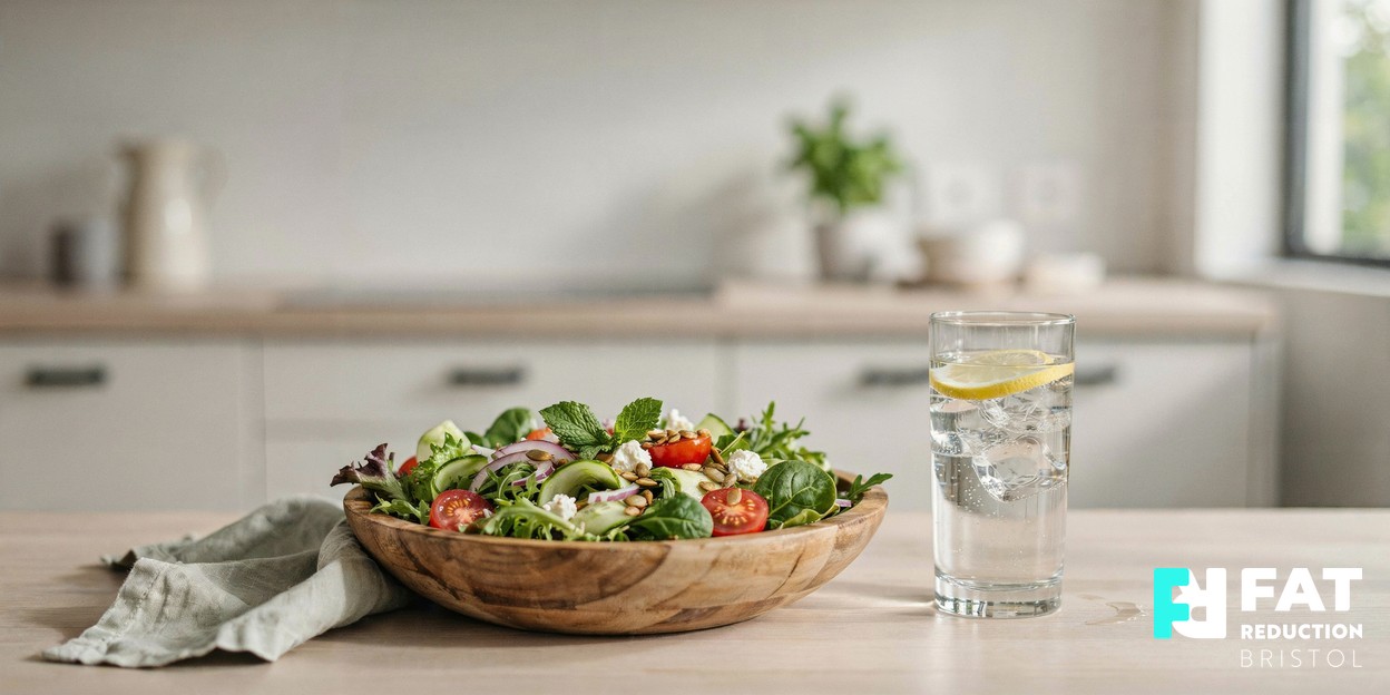 A photograph of a fresh colourful salad in a wooden bowl beside a glass of water on a bright kitchen surface in soft natural daylight