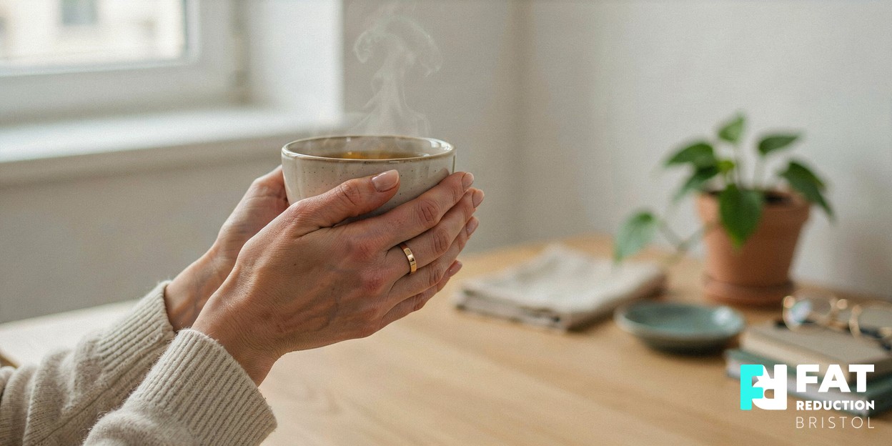 A photograph of a woman’s hands cradling a warm cup of herbal tea at a calm modern clinic desk