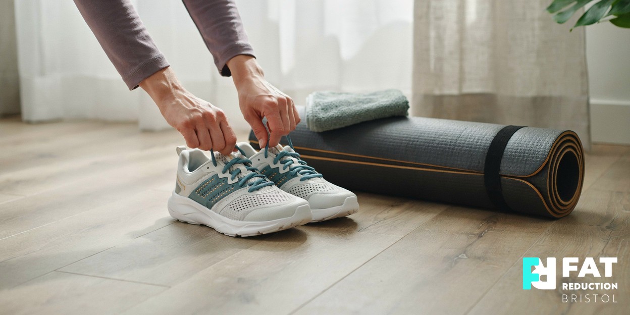 Close-up of a person’s hands lacing up running shoes on a bright wooden floor, a rolled exercise mat resting beside them