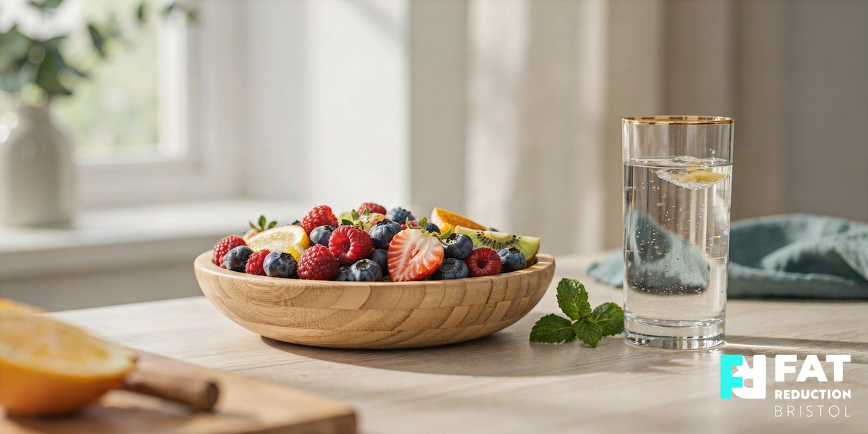 A soft-focus photograph of a bowl of fresh fruit and a glass of water on a bright kitchen counter in soft morning light