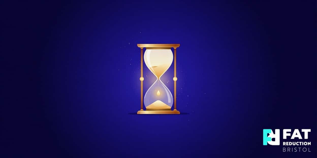 A flat-vector illustration of a single elegant hourglass with a glowing golden droplet inside, on a bold indigo-violet background