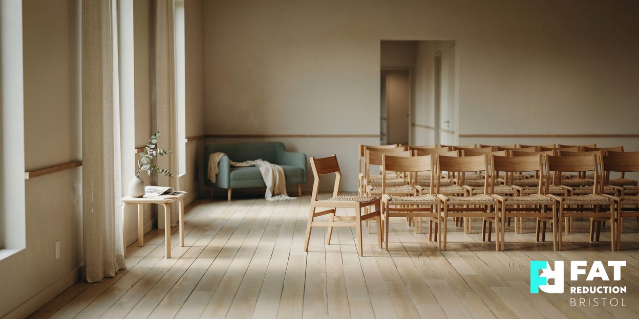 A photograph of an empty community hall with neat rows of stacked chairs beside a bright window, lit by soft natural daylight
