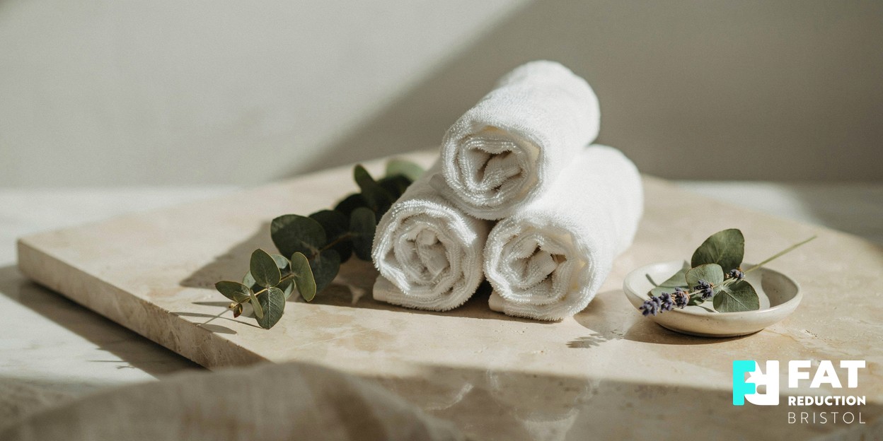 A calm still-life of neatly rolled soft white towels with a sprig of fresh eucalyptus on a warm neutral stone surface in soft daylight