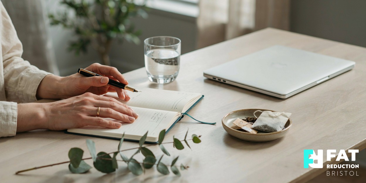 A photograph of a person’s hands resting on an open notebook beside a laptop and a glass of water on a sunlit wooden desk, weighing up options