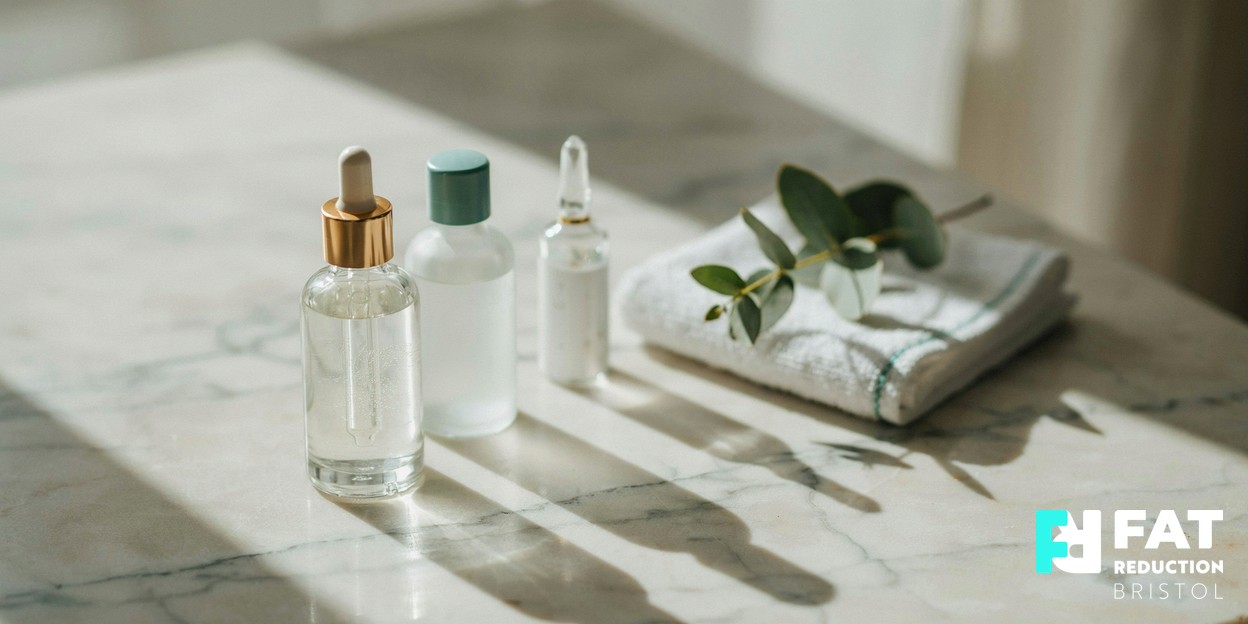 A softly lit still life of skincare serum bottles and a folded towel on a marble surface